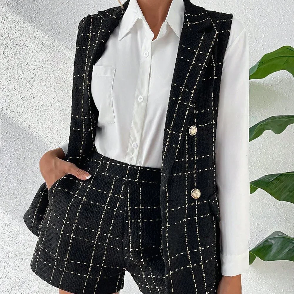 Fall Stylish Plaid Double Breasted Tweed Vest Blazer & Shorts